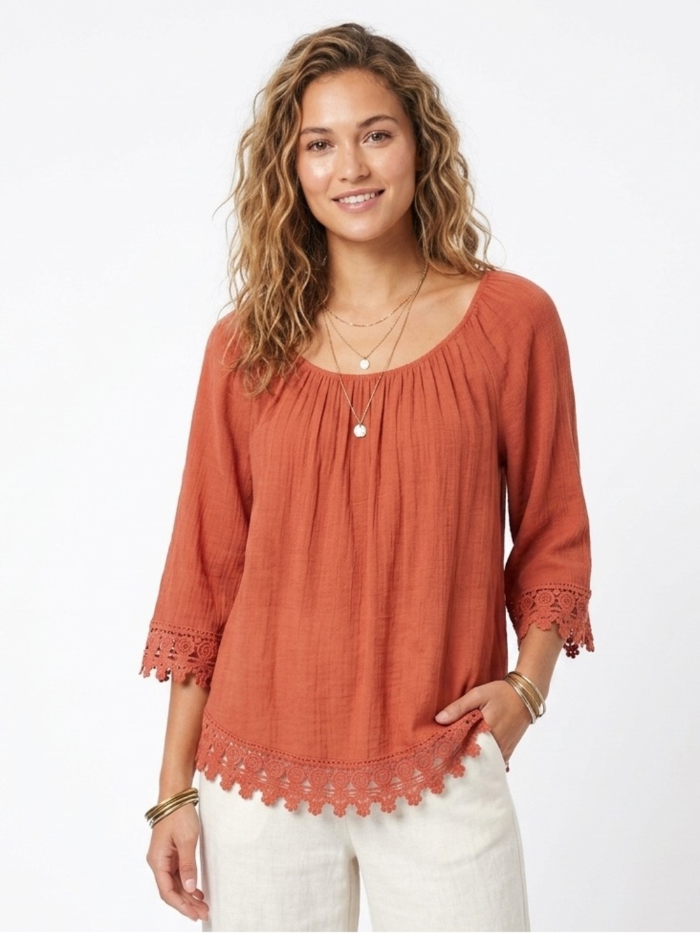 Westport Rust Crochet-Hem Peasant Blouse